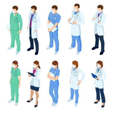 Beyaz tıbbi maske takan bir grup doktor ve hemşire. Coronavirus 2019-nCoV. Çeşitli erkek ve kadın ilaç işçileri.