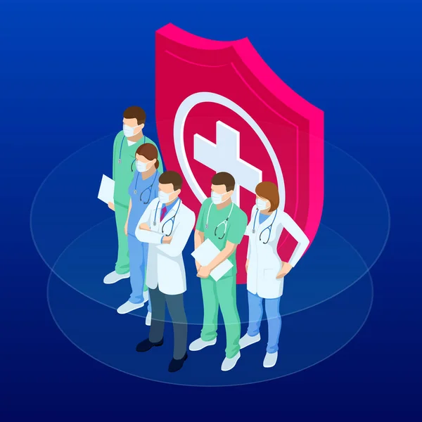 Isometriska läkare och sjuksköterskor i en medicinsk mask, skydda hälsa och liv koncept. Tack läkare och sjuksköterskor som arbetar på sjukhusen och bekämpa coronavirus. — Stock vektor