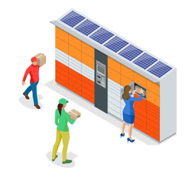 Isometric paket istasyonu. Posta paketlerinin gönderilmesi ve alınması için özerk posta noktaları zinciri. Bu hizmet çevrimiçi alımlar için ev teslimatına bir alternatif sunar.