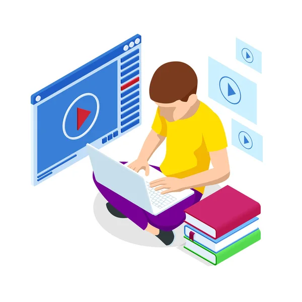 Isometrisches Konzept für digitales Lesen, E-Klassenzimmer-Lehrbuch, Moderne Bildung, E-Learning, Online-Training und -Kurs, Audio-Tutorial, Fernunterricht, E-Book und Student — Stockvektor
