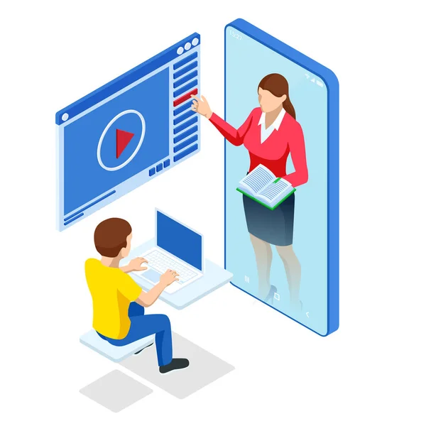 Concepto isométrico para lectura digital, E-classroom Textbook, Educación Moderna, E-learning, Formación y Curso en Línea, Audiotutorial, Educación a Distancia, Ebook y Estudiante — Vector de stock