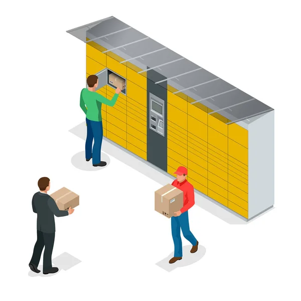 Isometrische Packstation. Die Kette autonomer Poststellen für die Selbstannahme und den Versand von Postpaketen. Dieser Service bietet eine Alternative zur Lieferung nach Hause für Online-Einkäufe. — Stockvektor