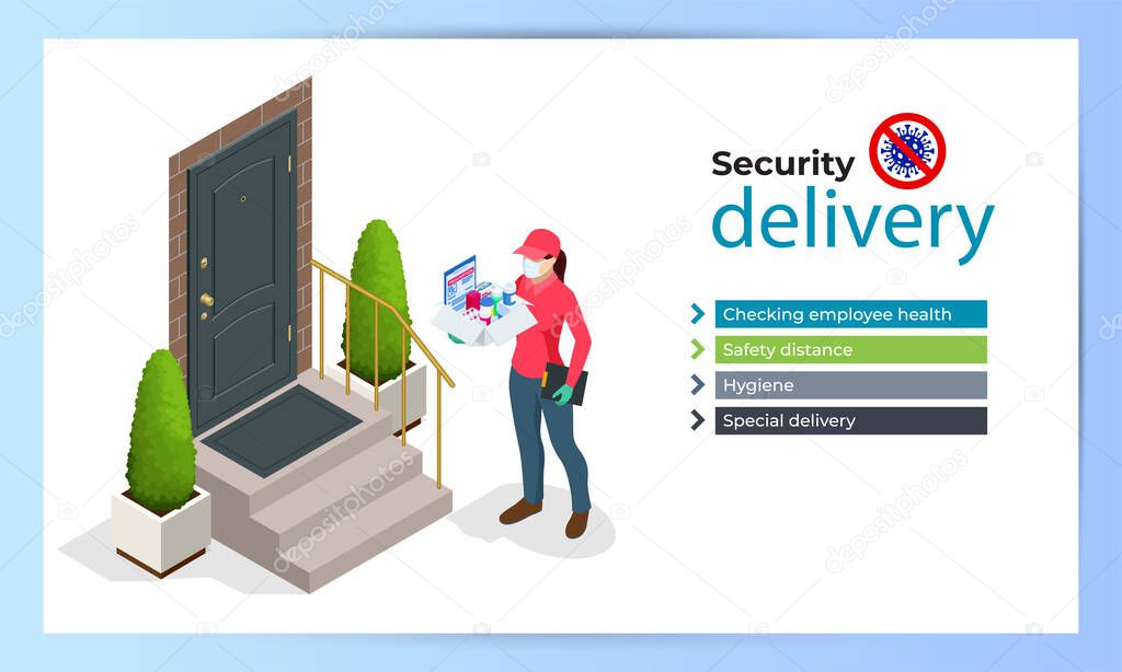 Isometric delivery woman or courier in a protective medical mask holds a parcel in her hands. Free drug delivery. COVID-19. Quarantine in the city. Coronavirus epidemic.