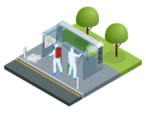 Homem isométrico vestindo um terno de proteção desinfeta a parada de ônibus com uma pistola de pulverização. pandemia de vírus COVID-19. Prevenção contra a doença por Coronavírus COVID-19 . —  Vetores de Stock