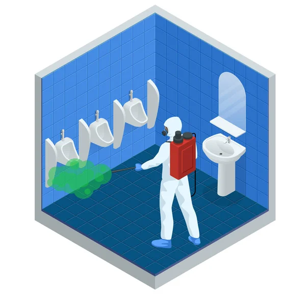 Isometric man wearing a protective suit disinfects public toilet with a spray gun. Virus pandemic COVID-19. Prevention against Coronavirus disease COVID-19. — Stock Vector