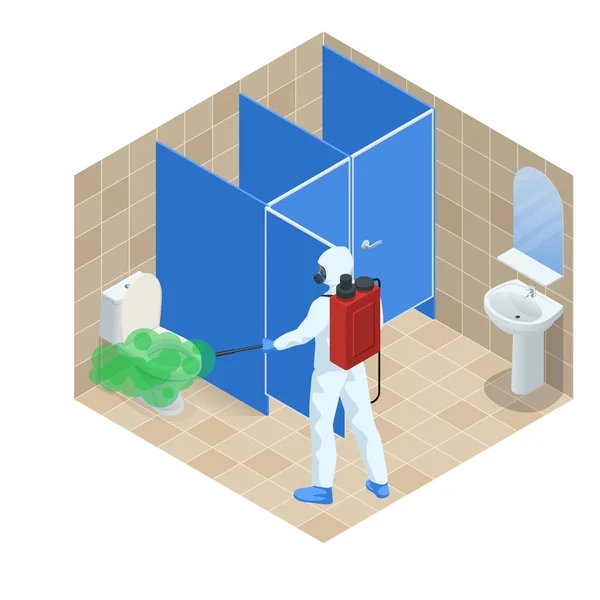 Isometrische man in een beschermend pak desinfecteert het openbare toilet met een spuitpistool. Viruspandemie COVID-19. Preventie tegen Coronavirus COVID-19. — Stockvector