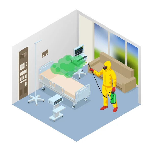 Isometric man wearing a protective suit disinfects hospital ward with a spray gun. Virus pandemic COVID-19. Prevention against Coronavirus disease COVID-19. — Stock Vector