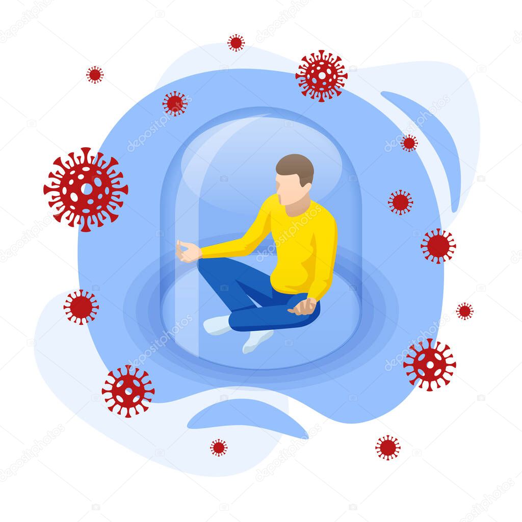 Isometric Corona virus self-quarantine concept. Isolation period at home. Self-isolation, Staying home with self quarantine. Home quarantine from Covid-19.