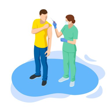 Isometric Time to vaccinate concept. Doctor or nurse, scientist giving patient vaccine, COVID-19, flu or influenza shot or taking blood test with a needle. Medicine, vaccination. clipart