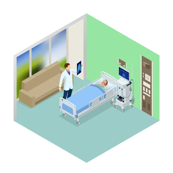 Isometric Ventilator Medical Machine designed to provide mechanical ventilation by moving breathable air into and out of the lungs and for anesthesia of the patient — Stock Vector