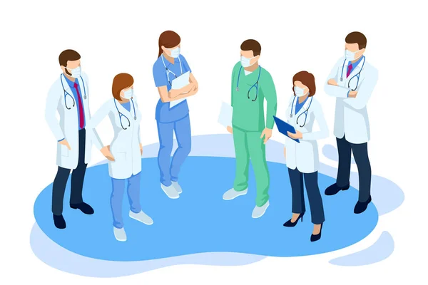 Isometrisches Konzept von Ärzten und Krankenschwestern, die in den Krankenhäusern arbeiten und das Coronavirus bekämpfen. Schluss mit COVID-19 — Stockvektor