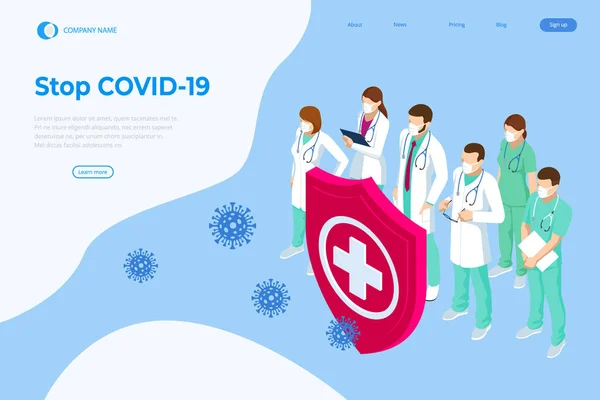 Conceito isométrico de Obrigado médicos e enfermeiros que trabalham nos hospitais e lutam contra o coronavírus. Pare COVID-19 —  Vetores de Stock