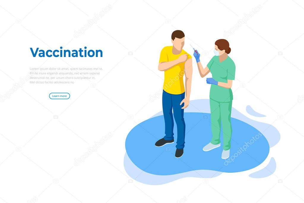 Isometric Time to vaccinate concept. Doctor or nurse, scientist giving patient vaccine, COVID-19, flu or influenza shot or taking blood test with a needle. Medicine, vaccination.