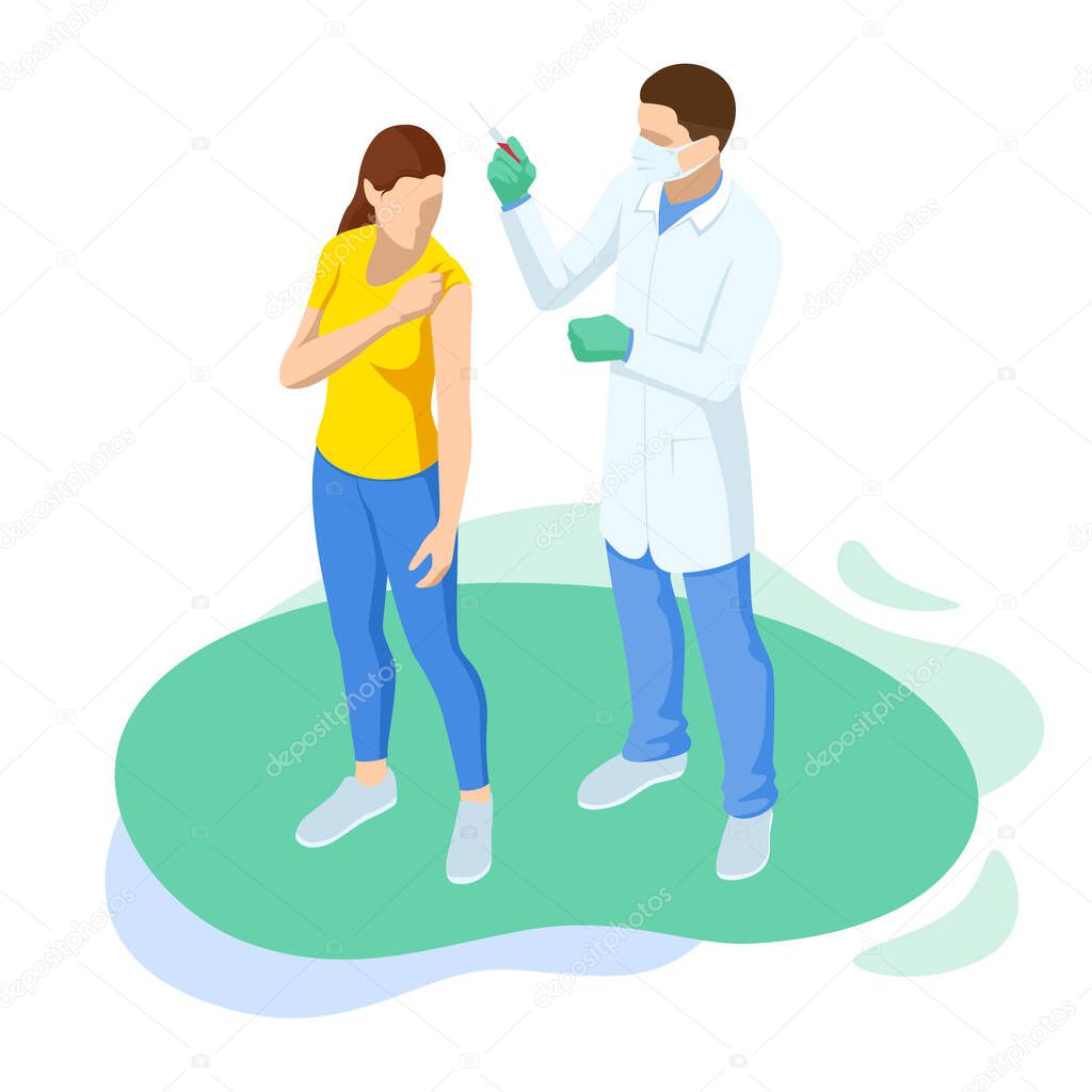Isometric Time to vaccinate concept. Doctor or nurse, scientist giving patient vaccine, COVID-19, flu or influenza shot or taking blood test with a needle. Medicine, vaccination.