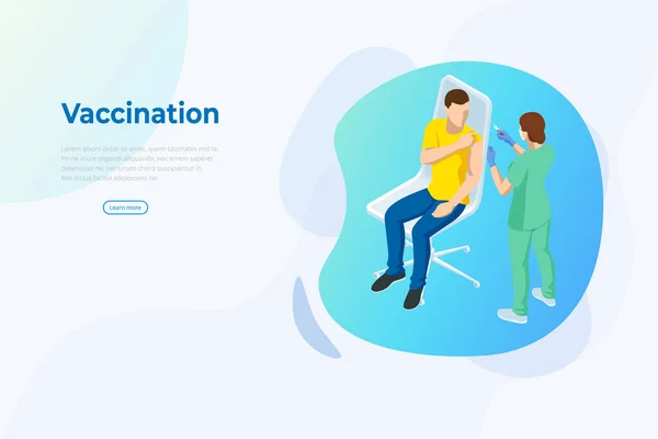 Isometric Time to vaccinate concept. Doctor or nurse, scientist giving patient vaccine, COVID-19, flu or influenza shot or taking blood test with a needle. Medicine, vaccination. — Stock Vector