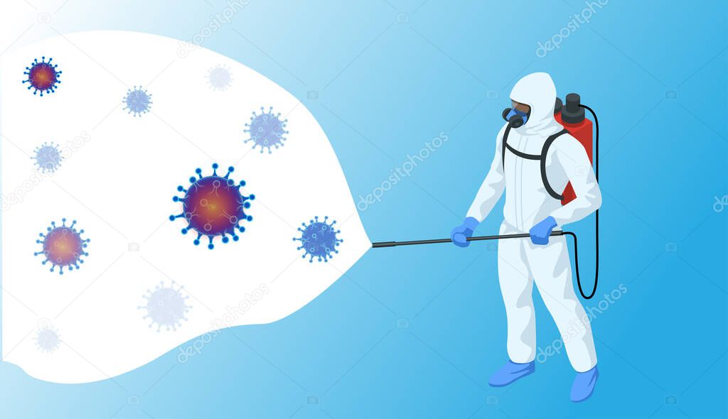 Isometric man in a white suit disinfects the street with a spray gun. Virus pandemic COVID-19. Prevention against Coronavirus disease COVID-19.