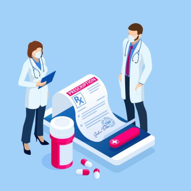 Isometric Online tıbbi danışmanlık, tele tıp, kardiyoloji. İnternette tedavi tarifi. İlaç ve eczane afişleri. Hastaya eczacı bakıyor. İlaç endüstrisi.