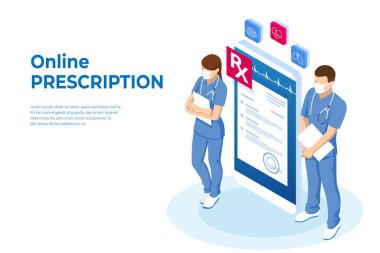 Isometric Online tıbbi danışmanlık, tele tıp, kardiyoloji. İnternette tedavi tarifi. İlaç ve eczane afişleri. Hastaya eczacı bakıyor. İlaç endüstrisi.