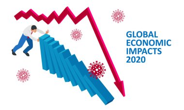Isometric küresel ekonomik etkileri 2020. Coronavirus veya COVID-19 pandemik küresel etki. Kapalı sınır, çökmüş dünya pazarı ve ekonomik kriz, panik ve gıda kıtlığı, mesafe çalışması ve öğrenim.