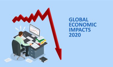 Isometric küresel ekonomik etkileri 2020. Coronavirus veya COVID-19 pandemik küresel etki. Kapalı sınır, çökmüş dünya pazarı ve ekonomik kriz, panik ve gıda kıtlığı, mesafe çalışması ve öğrenim.
