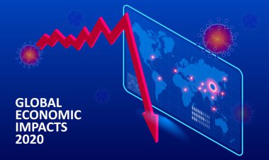 Isometric küresel ekonomik etkileri 2020. Coronavirus veya COVID-19 pandemik küresel etki. Kapalı sınır, çökmüş dünya pazarı ve ekonomik kriz, panik ve gıda kıtlığı, mesafe çalışması ve öğrenim.