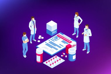 Isometric Online tıbbi danışmanlık, tele tıp, kardiyoloji. İnternette tedavi tarifi. İlaç ve eczane afişleri. Hastaya eczacı bakıyor. İlaç endüstrisi.