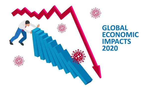 Impatto economico globale isometrico 2020. Impatto globale della pandemia di Coronavirus o COVID-19. Confine chiuso, crollo del mercato mondiale e crisi economica, panico e penuria di cibo, lavoro a distanza e studio . — Vettoriale Stock