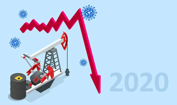 Isometric küresel ekonomik etkileri 2020. Coronavirus veya COVID-19 pandemik küresel etki. Kapalı sınır, çökmüş dünya pazarı ve ekonomik kriz, panik ve gıda kıtlığı, mesafe çalışması ve öğrenim. — Stok Vektör