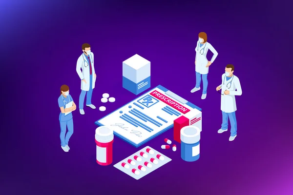 Isométrico Asesoramiento médico en línea o servicio de consulta, tele medicina, cardiología. Receta de tratamiento en línea. Banderas de medicina y farmacia. Atención farmacéutica para el paciente. Industria médica . — Vector de stock