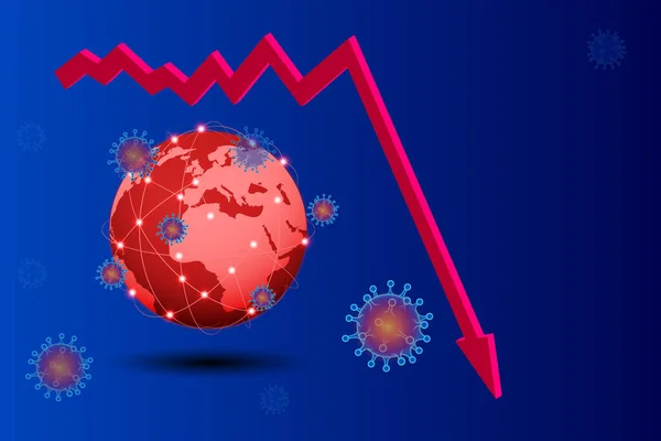 Isometriska globala ekonomiska effekter 2020. Coronavirus eller COVID-19 pandemisk global påverkan. Stängd gräns, kollapsad världsmarknad och ekonomisk kris, panik och livsmedelsbrist, distansarbete och studier. — Stock vektor