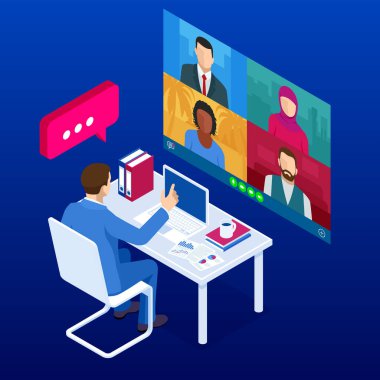 Isometric video konferansı. Çevrimiçi iş görüşmesi formu. Merkez ofis. Çok ırklı iş adamları. Evde kalıp, Coronavirus salgını sırasında ev konseptine göre çalışmak.