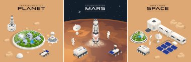 Isometric Mars Kolonizasyonu, biyolojik dünyalaşma, Paraterraforming, Mars 'taki insanları adapte etme. Astronotlar, uzay teknolojisi. Konut Kompartımanları, Üs Altyapısı ile İletişim Merkezi