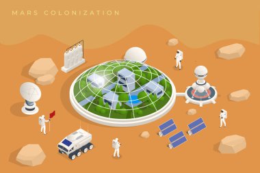 Isometric Mars Kolonizasyonu, biyolojik dünyalaşma, Paraterraforming, Mars 'taki insanları adapte etme. Astronotlar ve uzay teknolojisi. Geo kapsülleri.