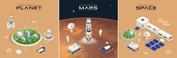Isometrische Mars kolonisatie, Biologisch terravormen, Paraterravormen, Mensen aanpassen op Mars. Astronautica, ruimtetechnologie. Communicatiecentrum met woonafdelingen, Basisinfrastructuur — Stockvector