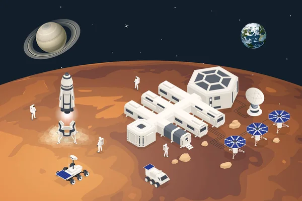 Isometrisk Mars kolonisering, biologisk terraformning, paraterraformering, anpassning av människor på Mars. Astronautik, rymdteknik. Kommunikationscenter med bostadsutrymmen, basinfrastruktur — Stock vektor