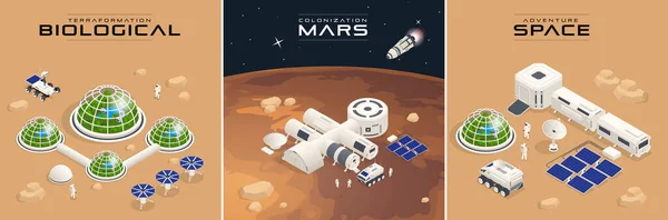 Izometrikus Mars kolonizáció, Biológiai terraformálás, Paraterraformálás, Emberekhez való alkalmazkodás a Marson. Űrhajózás, űrtechnológia. Kommunikációs Központ lakóegységekkel, alapvető infrastruktúrával — Stock Vector