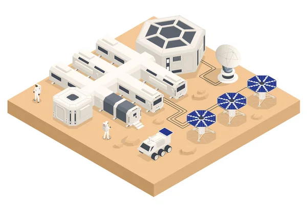 Colonización isométrica de Marte, Terraformación biológica, Paraterraformación, Adaptación de humanos en Marte. Astronáutica, tecnología espacial. Centro de Comunicación con Compartimentos Residenciales, Infraestructura Base — Vector de stock