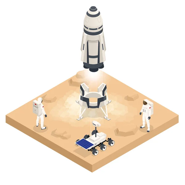Isometrische Raketenstarts oder -landungen auf dem Mars. Marskolonisation, Biologisches Terraforming, Paraterraforming, Anpassung des Menschen auf dem Mars. Raumfahrt und Weltraumtechnik. — Stockvektor