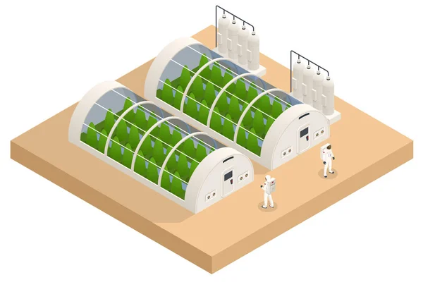 Isometrische Mars kolonisatie, Biologisch terravormen, Paraterravormen, Mensen aanpassen op Mars. Astronautica en ruimtevaarttechnologie. Geocapsyles. — Stockvector