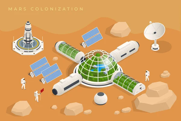 Colonización isométrica de Marte, Terraformación biológica, Paraterraformación, Adaptación de humanos en Marte. Astronáutica y tecnología espacial. Cápsulas geográficas . — Vector de stock