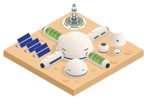 Izometrická kolonizace Marsu, biologická terraformace, paraterraforming, adaptace lidí na Marsu. Astronautika a vesmírná technika. Geo capsyles. — Stockový vektor