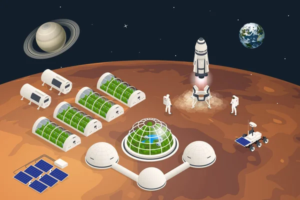 Isometrisk Mars kolonisering, biologisk terraformning, paraterraformering, anpassning av människor på Mars. Astronautik och rymdteknik. Geo capsyles. — Stock vektor