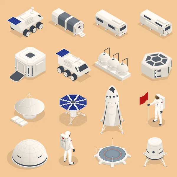 Isometrische iconen Ruimteapparatuur en voertuigen voor ruimteverkenning met raketten kunstmatige satellieten, planeten met astronauten, geïsoleerde. — Stockvector