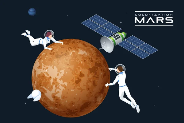 Astronautas isométricos en órbita de Marte y satélite. Colonización de Marte, Terraformación Biológica, Paraterraformación, Adaptación de humanos en Marte. Astronáutica y tecnología espacial . — Vector de stock