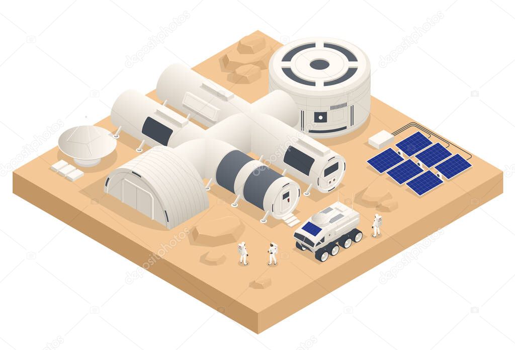 Isometric Mars Colonization, Biological terraforming, Paraterraforming, Adapting humans on Mars. Astronautics, space technology. Communication Center with Residential Compartments, Base Infrastructure