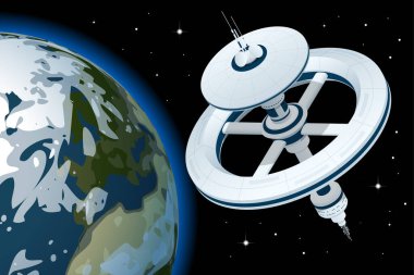 International Space Station Orbiting Earth. Isometric space station with multiple gravitational wheels. clipart