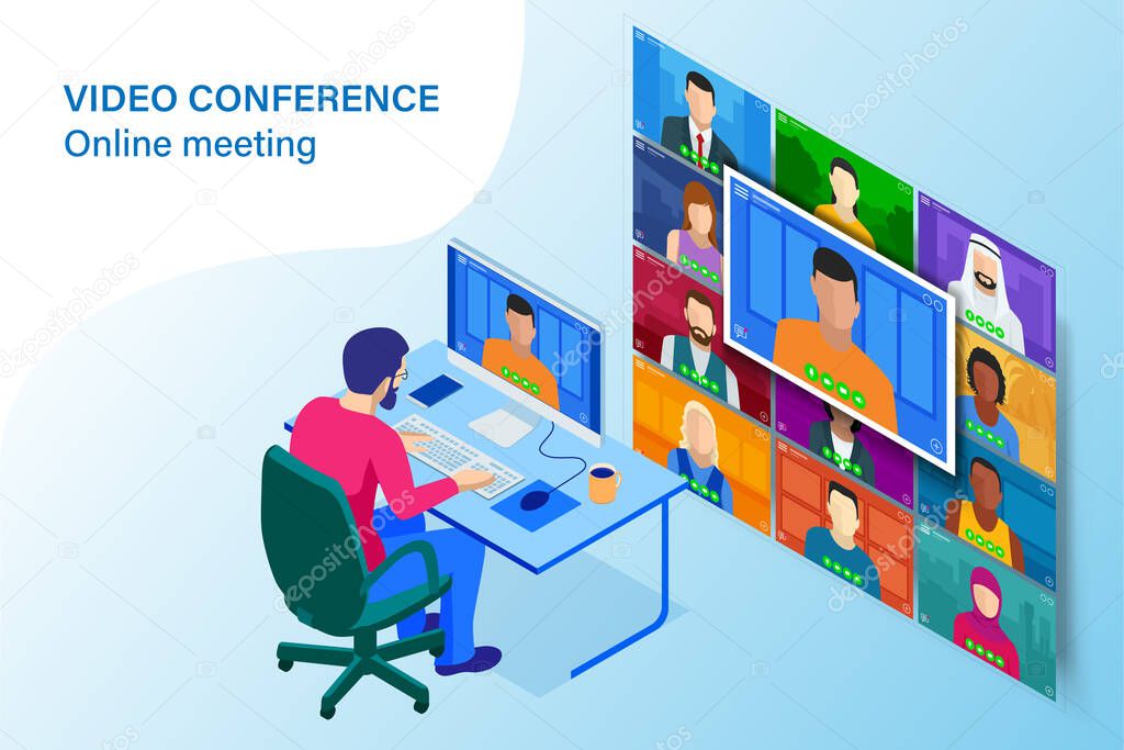 Isometric video conference. Online meeting work form home. Home office. Multiethnic business team. Stay at home and work from home concept during Coronavirus pandemic.