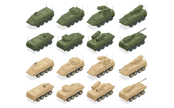 Ein gepanzerter Mannschaftstransportwagen APC, breiter Typ von gepanzerten Militärfahrzeugen für den Transport von Personal und Ausrüstung in Kampfzonen. BMP auf einer einheitlichen Plattform mit Maschinengewehr — Stockvektor