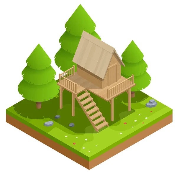 Izometrický dřevěný dům v lese na pozadí jedlí. Letní rodinná dovolená. Dům na stromě ve večerní zahradě — Stockový vektor
