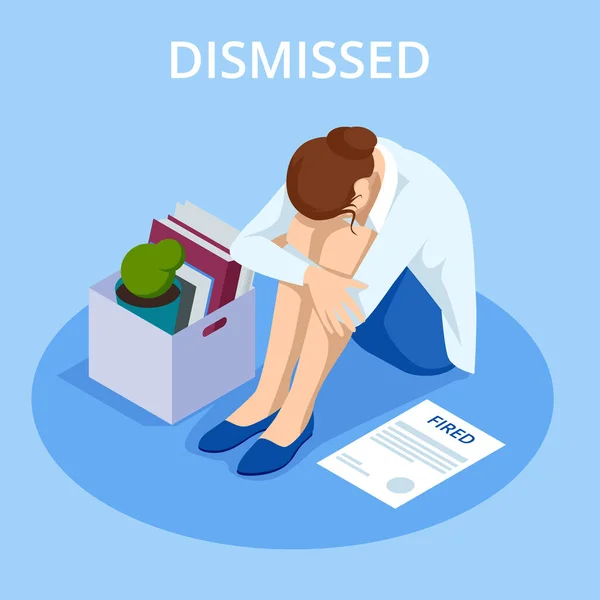 stock vector Isometric dismissed frustrated business person holding a box with his things. Unemployment, crisis, jobless and employee job reduction